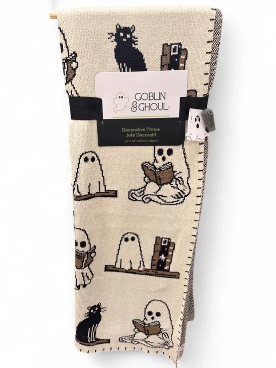 NEW 2026 Goblin and Ghoul Halloween Ghost Reading Book Black Cat Throw Blanket