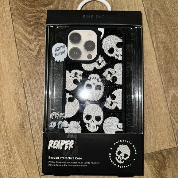 Pink Sky Reaper‎ Beaded Skull Protective Case iPhone 16 Pro Max Limited Ed New
