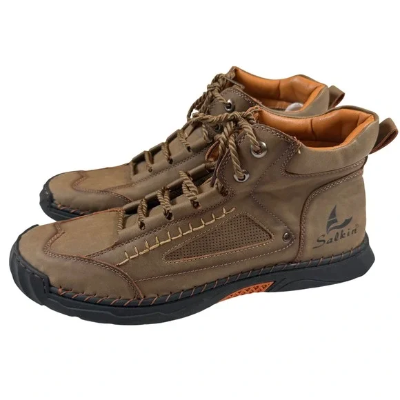 Salkin Mens Brown Lace Up High Top Casual Boots Whipstitch Detail 2317.50