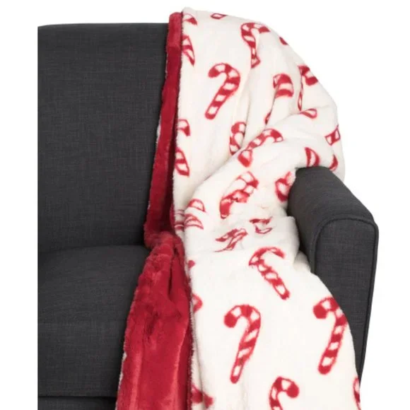 Bella Lux Candy Cane Faux Fur Throw Blanket Red White Christmas Holiday Decor
