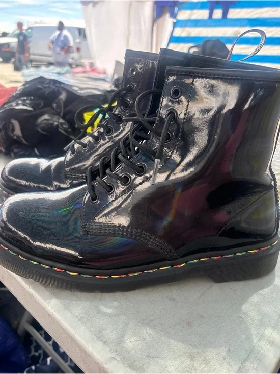 Dr. Martens Black Patent Leather Lace-Up Boots with Rainbow Stitching