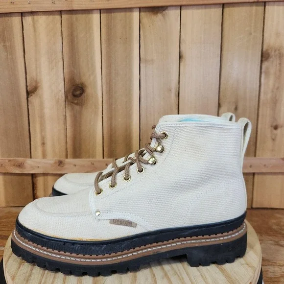 Vintage Georgia Work Combat Boots Mens 11 Beige Canvas Steel Toe Oil Resistant