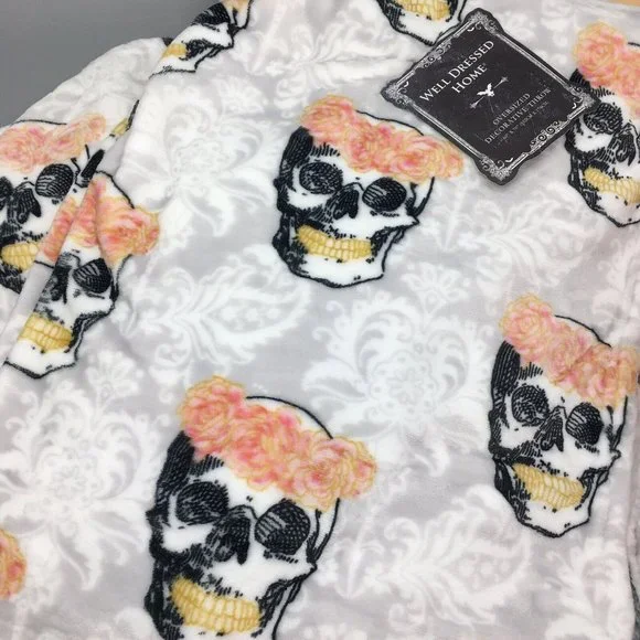 Halloween Sugar Skull Pink Floral Throw Blanket MicroFleece Gray Day Dead 60x70