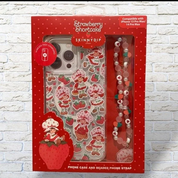 NIB Strawberry Shortcake iPhone Case w Strap by Skinnydip of London - 14 Pro Max