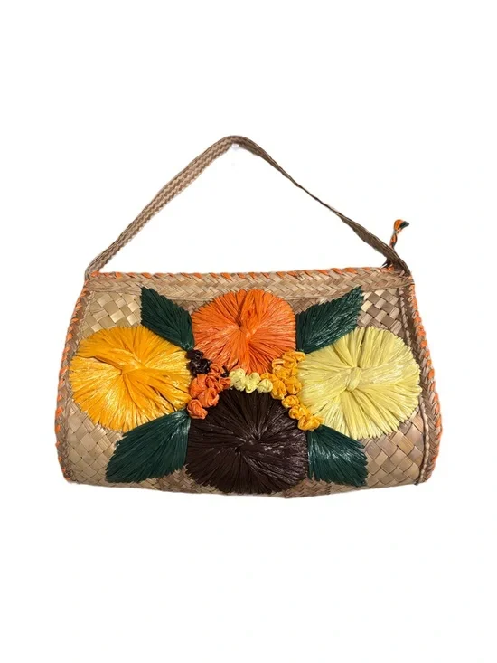 Vintage 1960s Rattan Purse Raffia Floral Motif-Hawaiian-Tropical 12” x 9”
