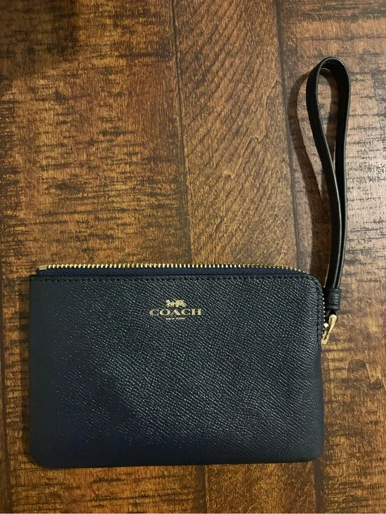 Coach Black Leather Zip Pouch with Gold Logo