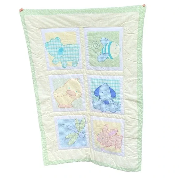 Y2K Carters Tykes Animals Crib Quilt Pastel Gingham Puppy Bee Duck Dragonfly HTF