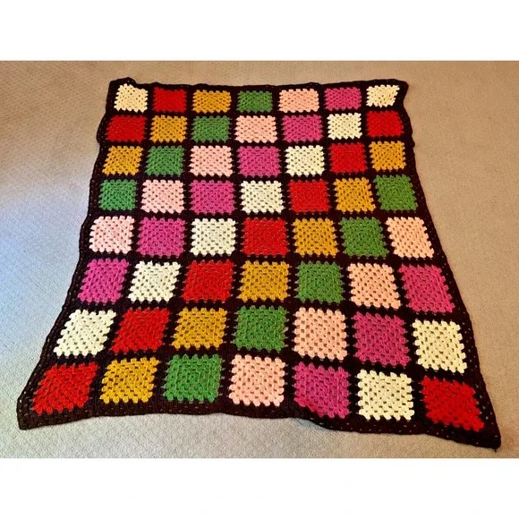 Crochet Afghan Granny Squares Blanket Throw Lap Brown Multi Color 53
