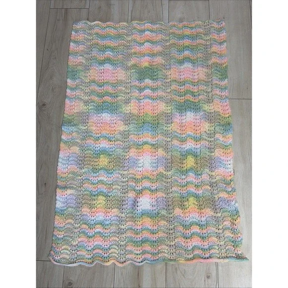 Vintage Pastel Hand‎ Crocheted Soft Knitted Baby Blanket Throw Afghan Unisex