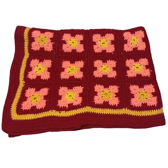 Handmade Crochet Granny Square Blanket Red Pink Yellow Throw Afghan Boho Cottage