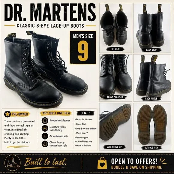 Dr. Martens Men’s Size 9 Black Leather 8-Eye Lace Up Combat Boots