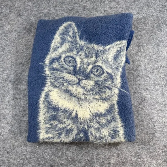 VTG Biederlack‎ Cat Fleece Blanket Throw Blue Cream Reversible Kitten 46x56