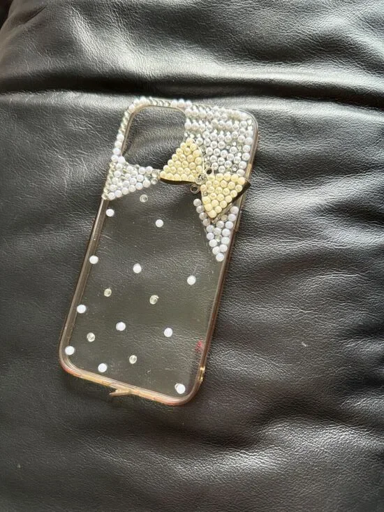 iPhone 12 Pro Max Cell Phone Case Pearl Clear White Bow Coquette Rhinestone
