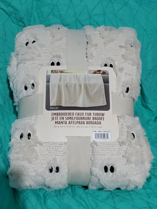 Embroidered Faux Fur Ghost Throw Blanket