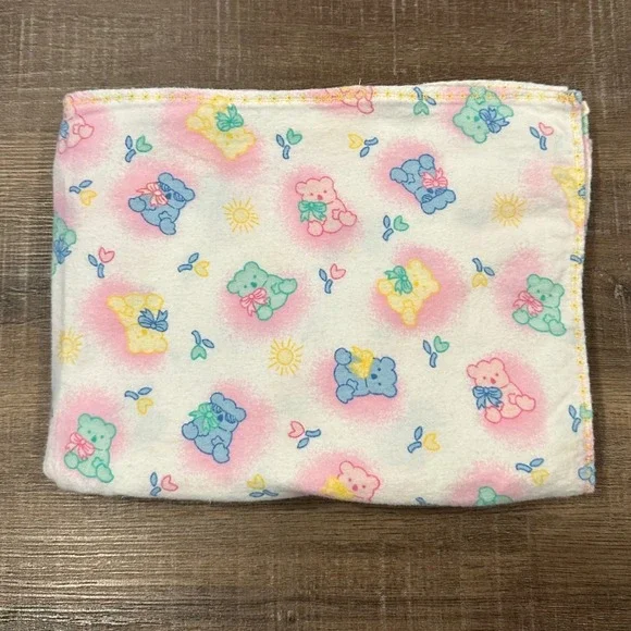 Vintage Pastel Teddy Bear Sun Floral Receiving Blanket White Cotton Flannel