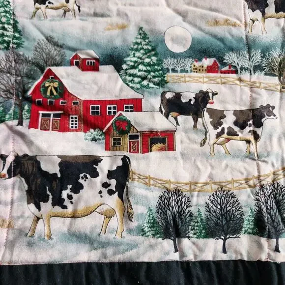 Handmade Christmas Quilt Snowy Farmhouse Red Barn Church Steeple Cows 77x66