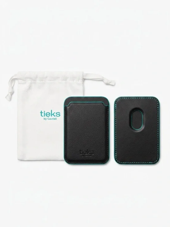 Tieks LE Black Leather Card Sleeve with Teal Trim for IPhone Android