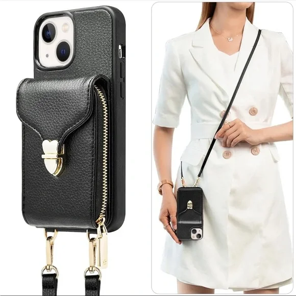 Stylish Black Leather Phone‎ Case with Strap I Phone 12