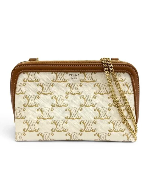 Celine Triomphe Canvas Logo Chain Clutch Shoulder Bag Off White Brown