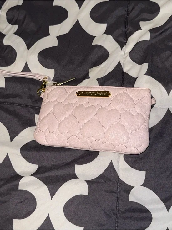 Betsey Johnson blush pink quilted heart wristlet with gold plaque