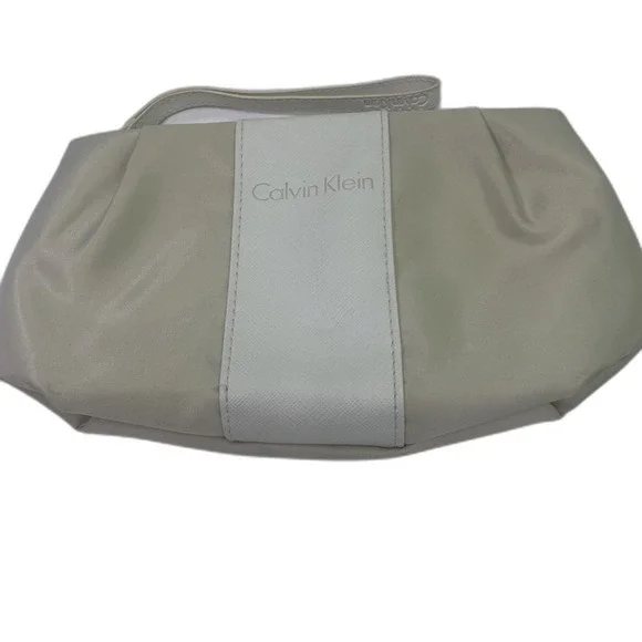 Calvin Klein Wristlet Pouch Womens Small‎ Beige White Good Nylon Logo Bag