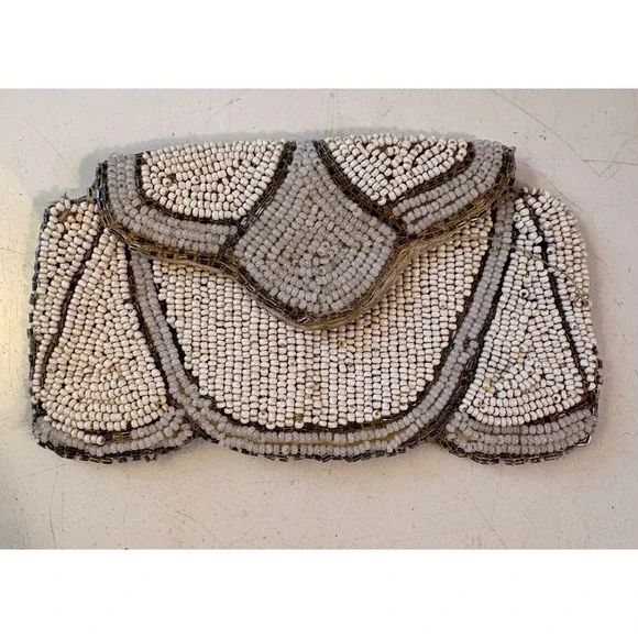 Vintage Style Cream Silver Seed Bead Geometric Clutch‎ Evening Bag Hand Beaded