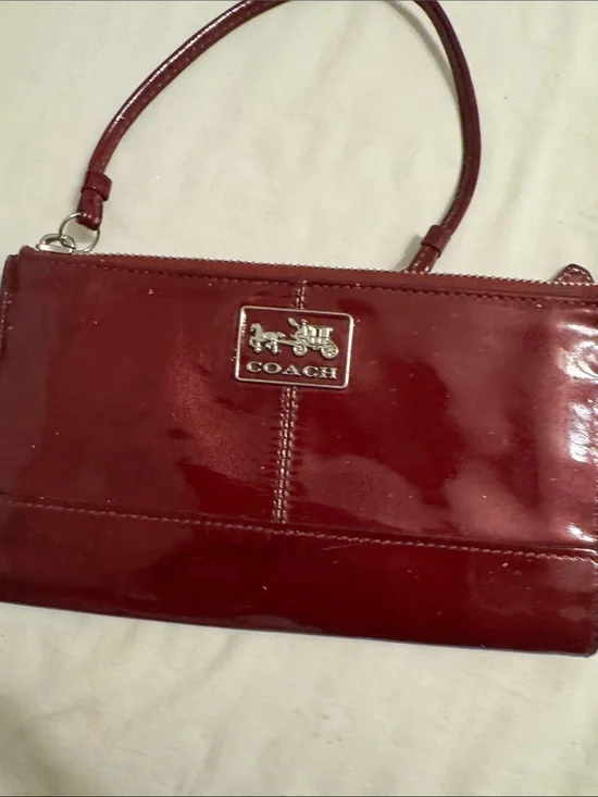 Coach Red Patent Leather Wristlet with Logo Plaque
