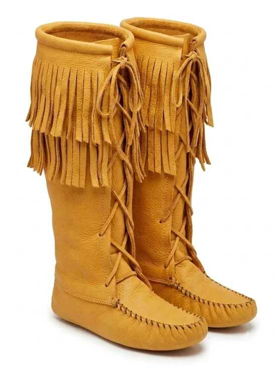 Vintage Leather Fringe Moccasin Boots Soft Sole Knee High Boho Mens 11