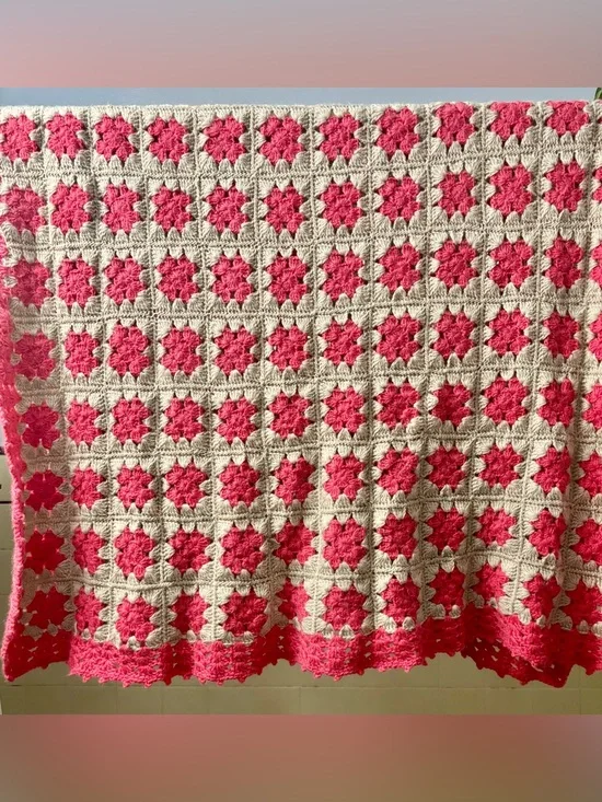 Vintage 70s Boho Crocheted Pink Gray Floral Granny Square Afghan Throw