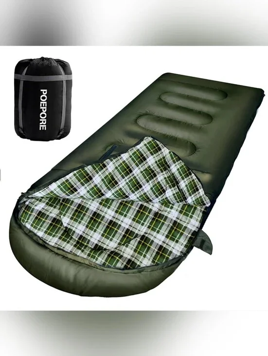 Poedpore Olive Green Plaid Lined Sleeping Bag Blanket
