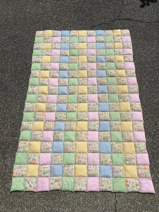 Vintage Handmade 55”x85” Puff Square patchwork quilt blanket large throw checker