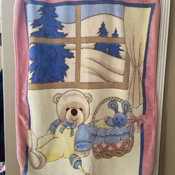 Korean Mink Vintage Bear Cabin in the Woods Baby Blanket Spring Easter Theme