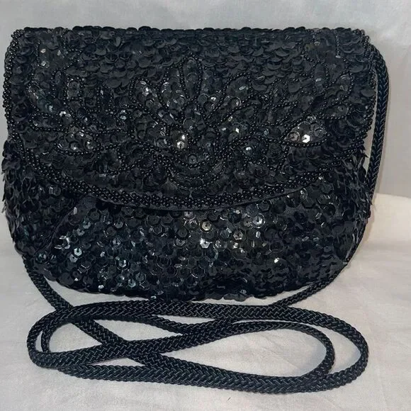 Vintage La Regale Black Sequin Beaded Evening‎ Bag