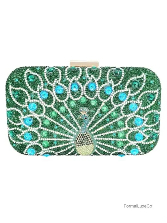 Peacock Rhinestone Clutch Evening Bag with Crystal Gemstone Sparkly Handbag