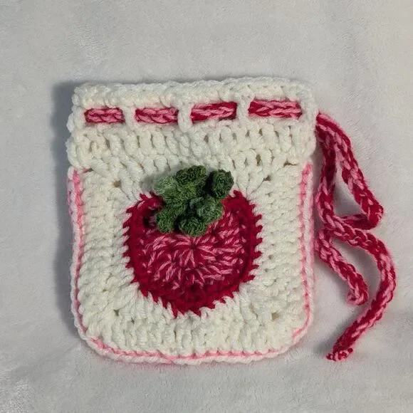 Handmade Crochet Heart Strawberry White Pink Red Green String Pouch Wristlet Bag