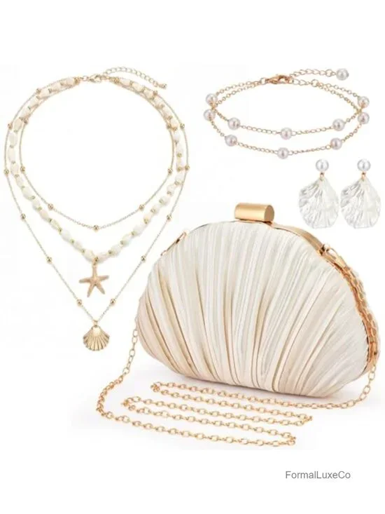 Women's Seashell Clutch Purse Set with Pearl Jewelry Set 4-Piece