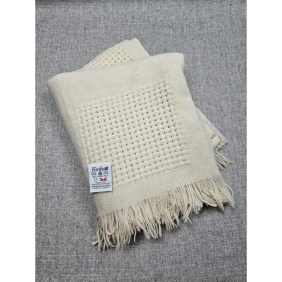 Faribo Wool Throw Blanket 47x60 Beige Waffle Knit Check Fringe USA Made