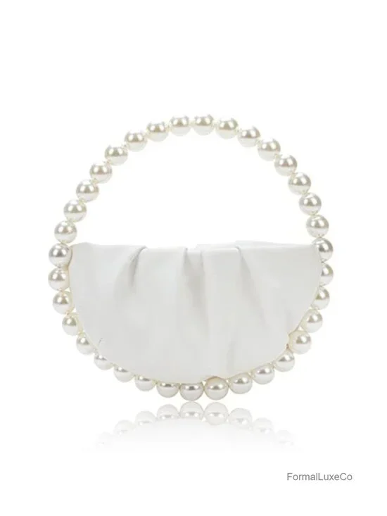 Faux Leather Pearl Handle Pleated Clutch Evening Bag Party Prom