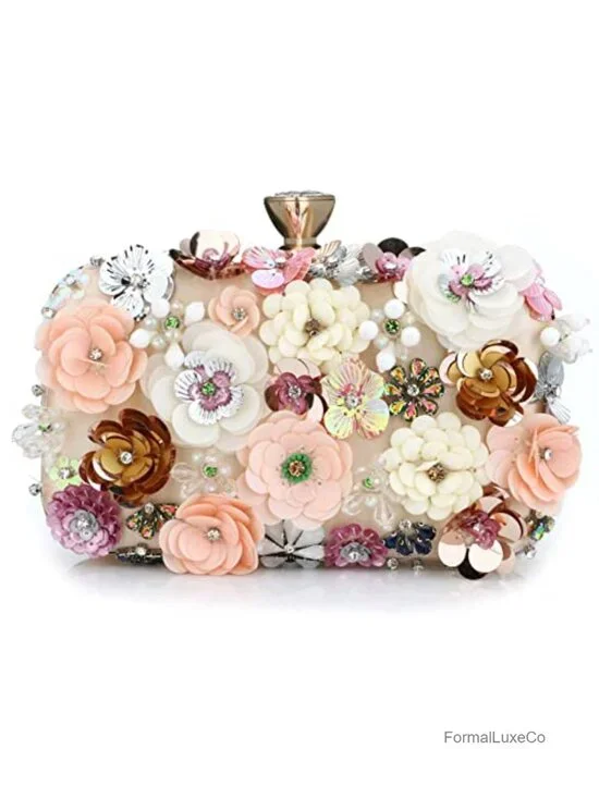 Sequins Evening Clutch Bag with Floral Rhinestones Detachable Chain