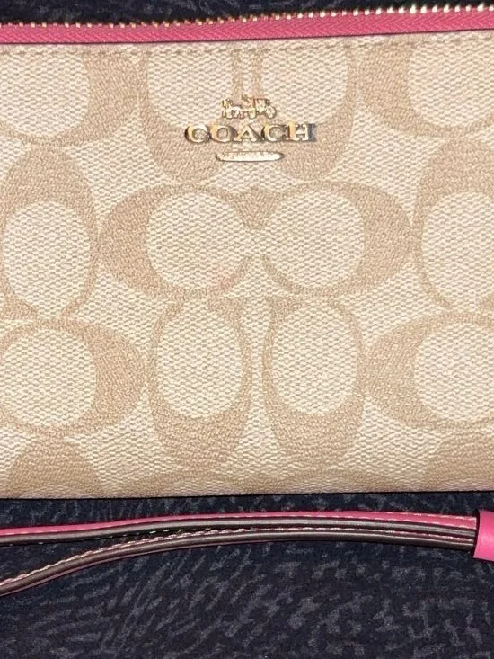 Coach Khaki Signature Canvas Wristlet with Pink Trim