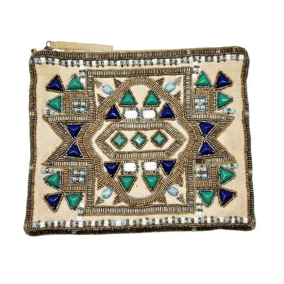 Chico's Aztec Boho-style Inspired Embellished Chain Envelope Clutch Beaded Bag
