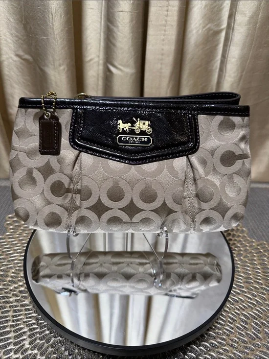 Coach Signature C Logo Wristlet with Brown Leather Trim and Gold Hardware