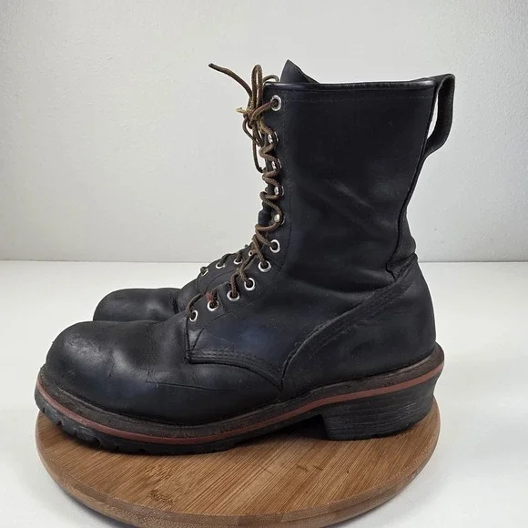 Red Wing Logger Boots Mens Sz 12 B Black Leather Lace Up Steel Toe Vibram Work