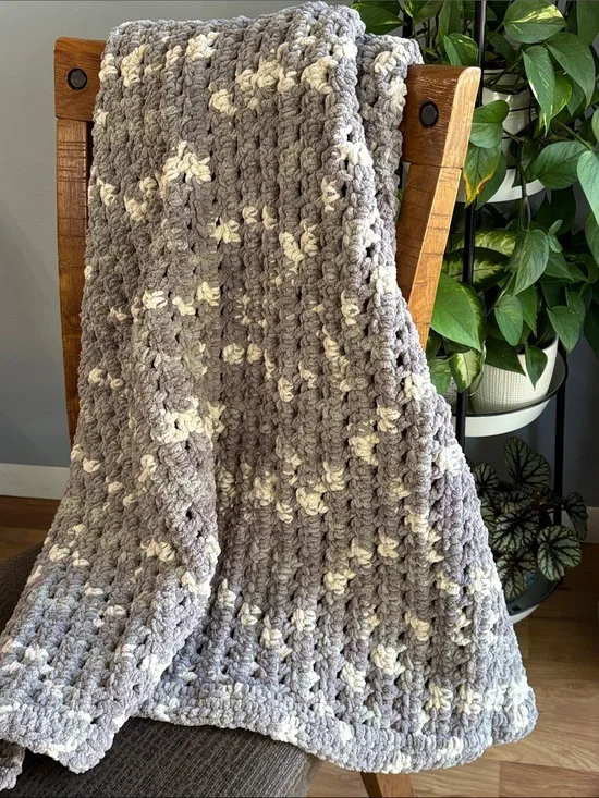 Cozy Gray & Cream Chunky Chenille Hand-Crocheted Throw Blanket