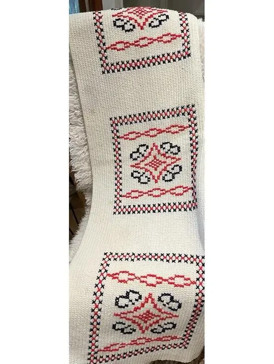 35x66” Red White & Blue Tight Knit Hippy Boho Afghan Mid Century Modern Blanket