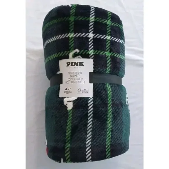 Victorias Secret Plush Sherpa Cozy Fleece Throw Blanket Green Plaid Dog 2024 New