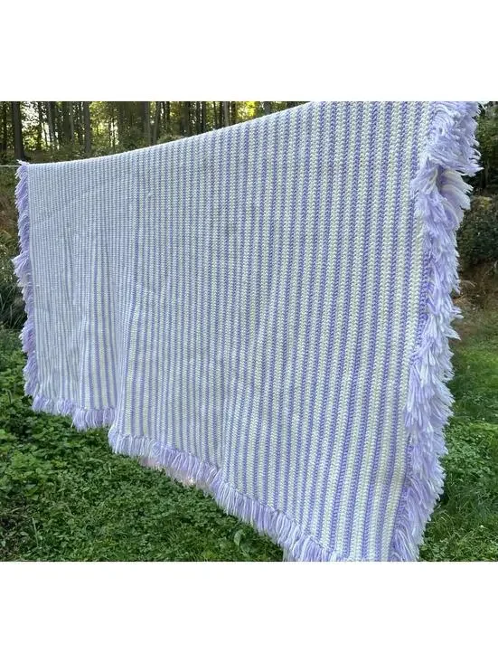 72x80” White Pastel Purple Striped Fringe Crocheted Handmade Afghan
