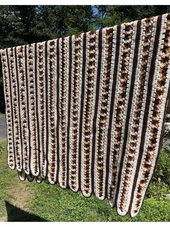 44x78” White Light Dark Brown Scalloped Edge Striped Afghan Neutral Color MCM