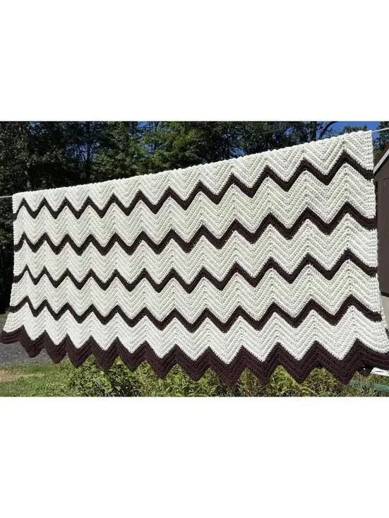 53x52” Cream Brown Chevron Acrylic Vintage Boho Granny Afghan 70s