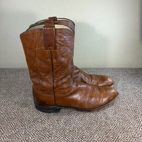 Justin Classic Roper Style 3163 Brown Marbled Leather Cowboy Boots Men's Sz 9D